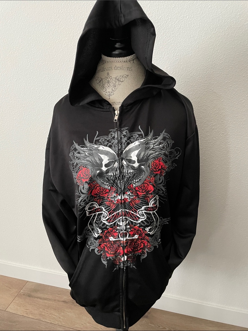Men's Black Zip-Up Hoodie with Red Rose & Skull Graphic